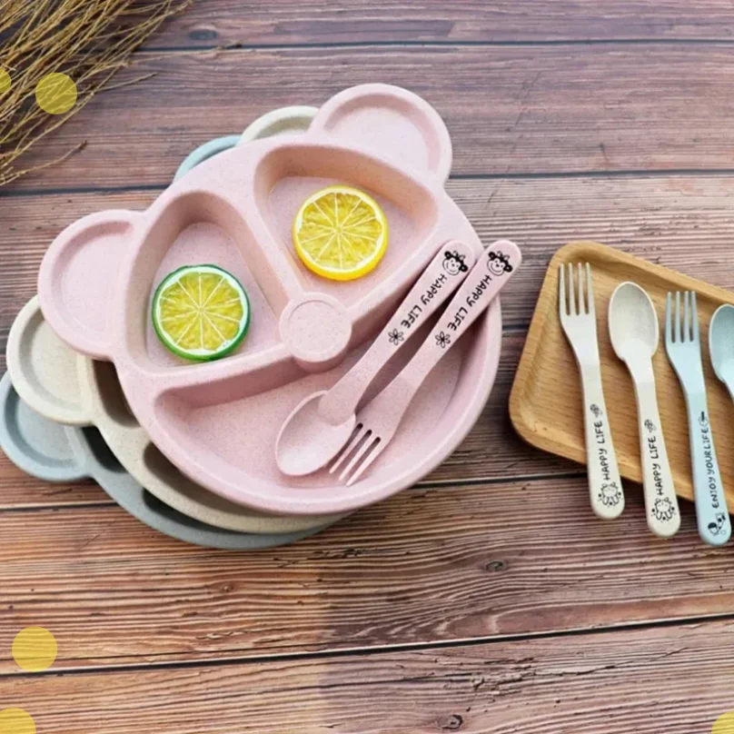 1/3Pcs/set Wheat Straw Baby Dishes Cartoon Tableware Set Kids Dinner Baby Feeding Plate Training Bowl Spoon Fork Tableware