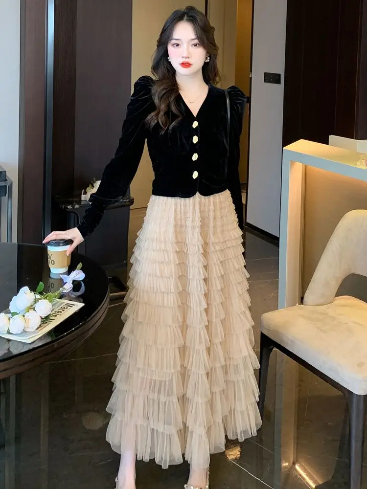 Fashion Elegant Suit Female Fall Chic Single-Breasted V Neck Velvet Top+High-Waist A Line Mesh Cake Skirt Two Piece Set Women