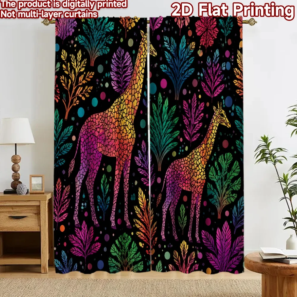2D flat 2pcs Curtain Vintage drapes Curtains Colorful Giraffes and Leaves Digitally printed polyester, colorfast Holiday