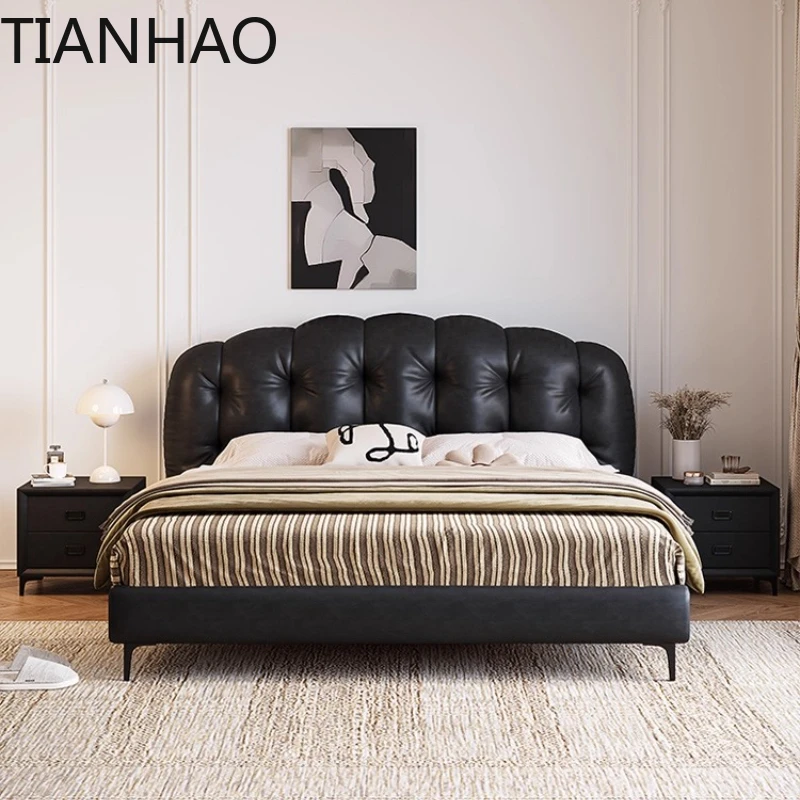 Modern minimalist creamy Italian minimalist leather frame Double bed bedroom furniture Beds 2 people queen full size bed frame