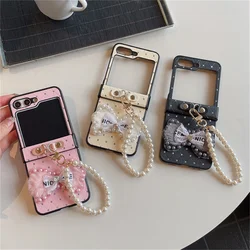 Cute Pearl Bow Phone Case For Samsung Galaxy Z Flip 6 5 4 Z Flip5 Flip4 Flip3 5G Cover with Chain Glitter Rhinestone Cases Funda