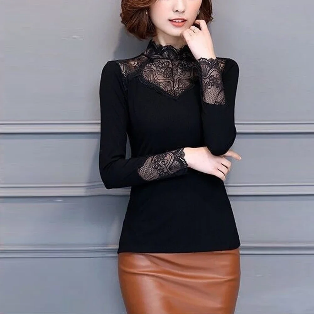 Lady Transparent Splicing Lace T Shirt Blouse Women S-3XL Black Female Blouses Cheaper Tops Long Sleeves Elastic T-Shirt Clothes