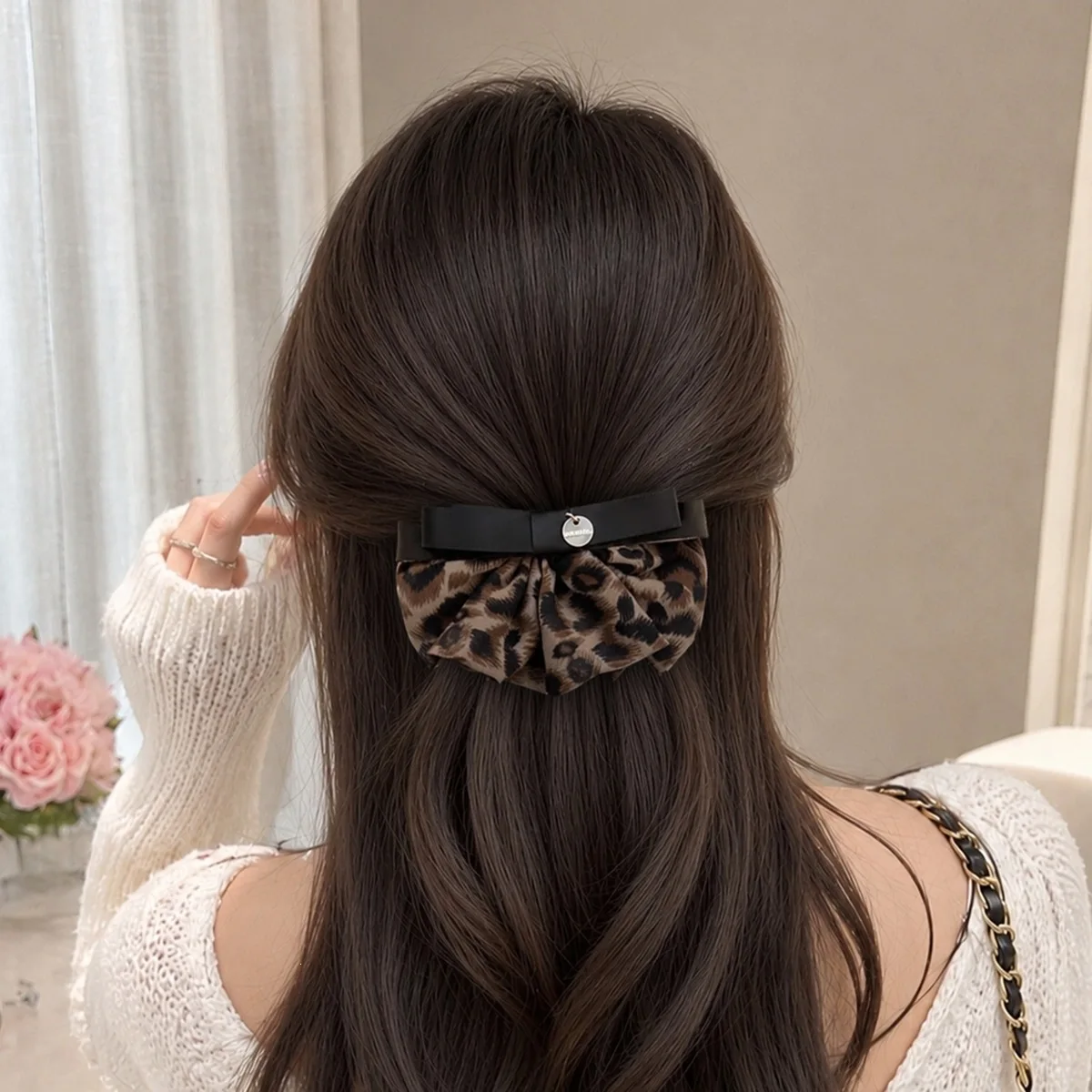 Premium Side Hair Clip Brown Leopard Ruffled Fabric Vintage Bow Metal Medallion Non Slip Lightweight Commute Styling