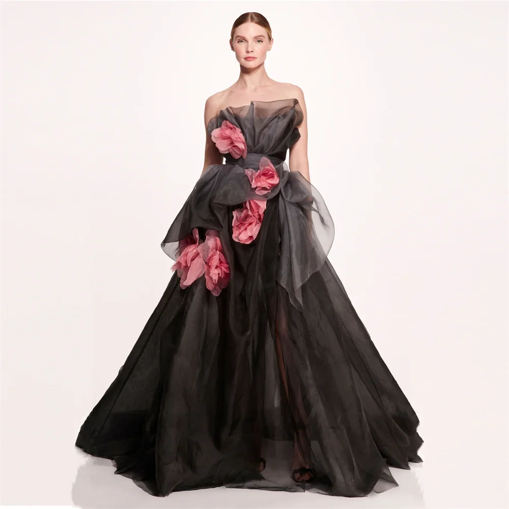 

2023 Fashion Couture Black Organza Formal Dress Strapless 3D Rosette Long Prom Party Dresses