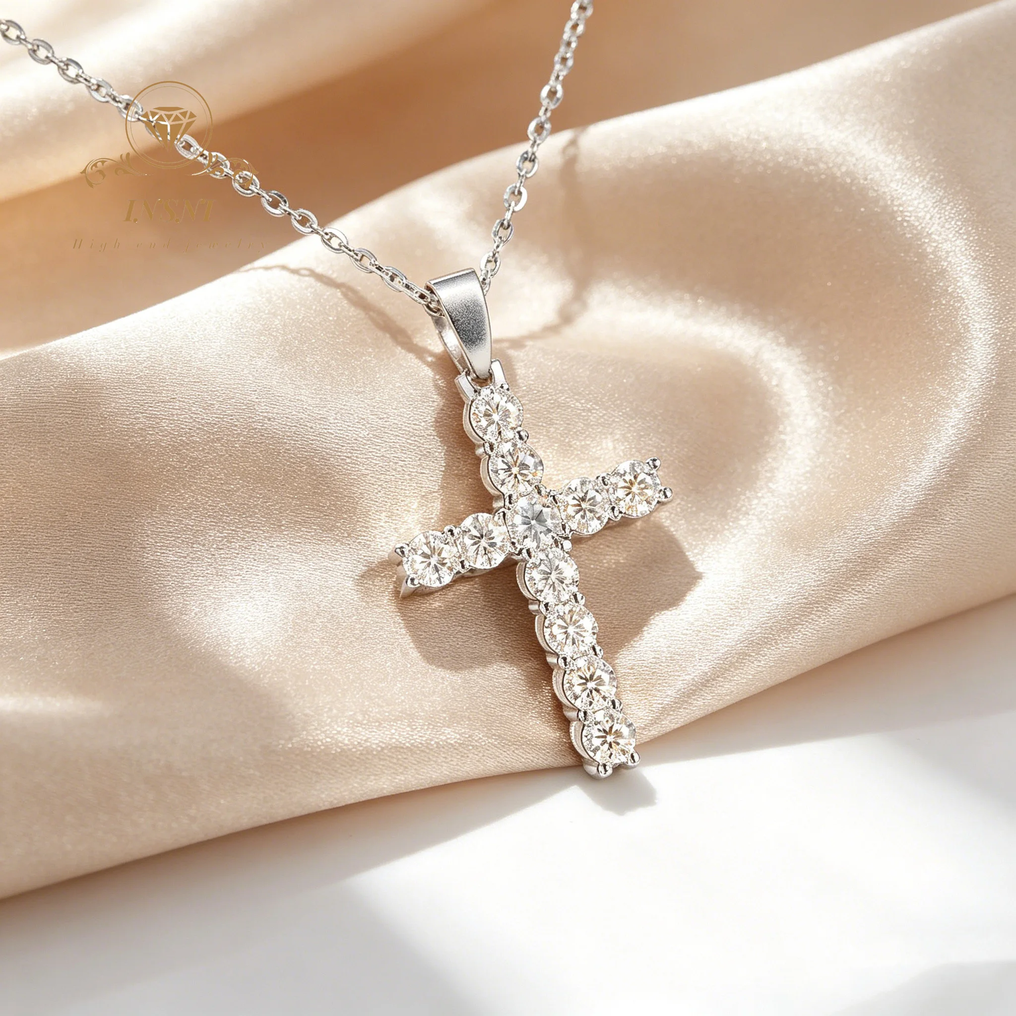 Moissanite 925 Sterling Silver Cross Necklace Pendant Women's Jewelry Collarbone Chain Simple and Versatile Affordable Jewelry