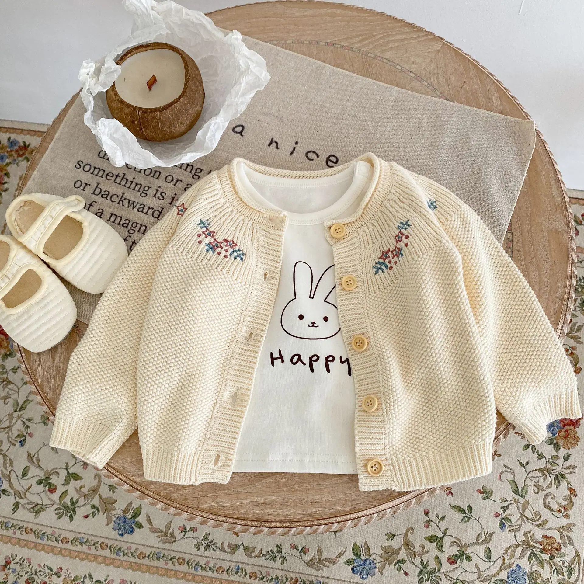 1-3 Y2023 autumn versatile baby cotton yarn 0-3 years old simple embroidered long sleeve knitted cardigan jacket