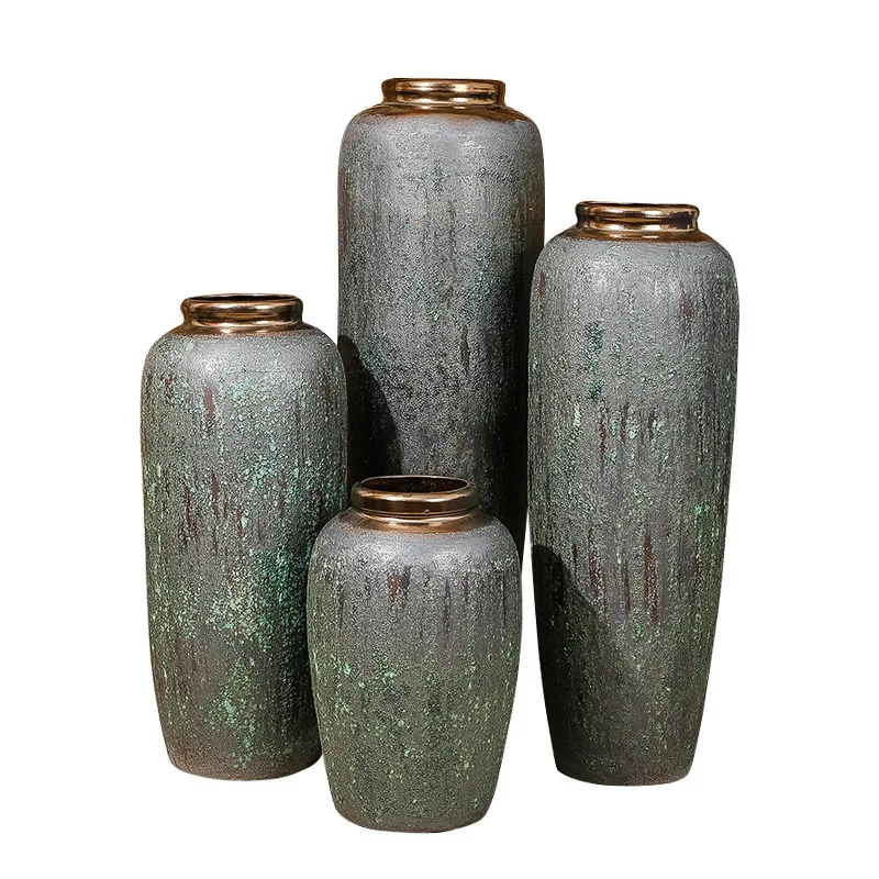 

Простая современная ретро керамическая пол из сушеных цветов, большая ваза Цзиндэчжэнь, украшения в золотой оправе, цветочная композиция для гостиной, каменная