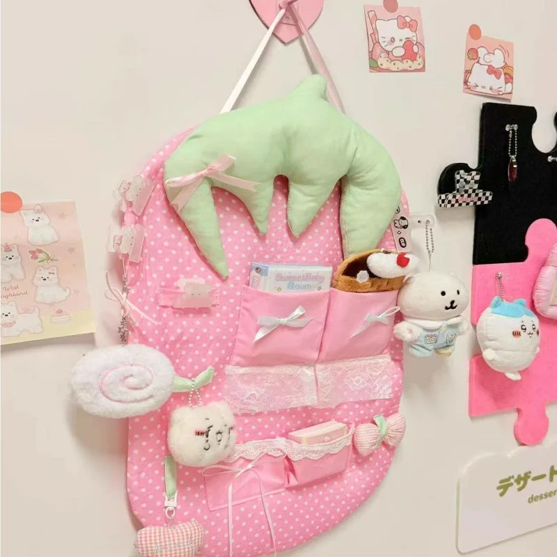 Cute Cartoon Strawberry Hanging Bag Large Capacity Wall-mounted Storage Bag High Aesthetic Value Space Saving Hanging Organizer