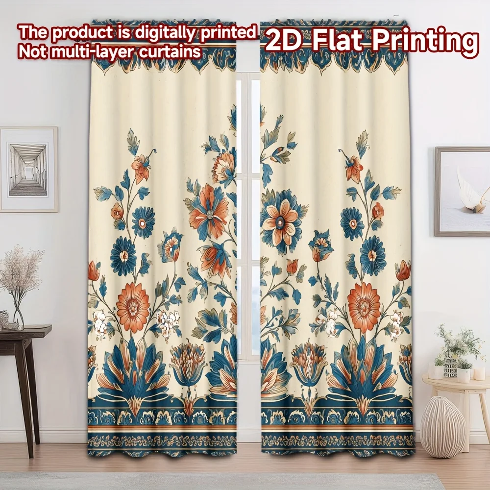 Blue floral elephant pattern Print Drapes Room Darkening Window Curtains for Home Decor,Rod Pocket Blackout Curtains Bedroom