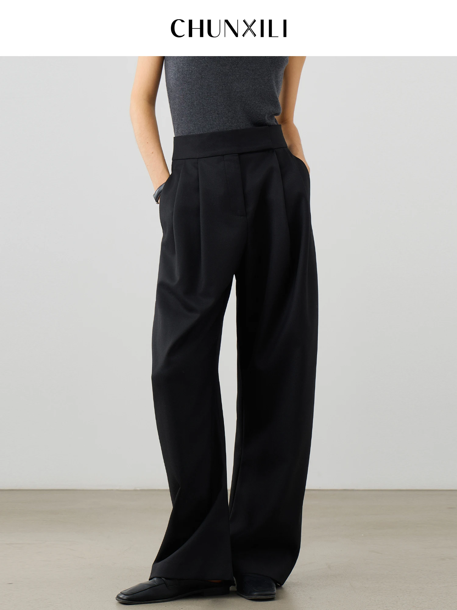 

Шерстяные повседневные брюки CHUNXILI прямого кроя, черные, плиссированные, классические, для офиса, с высокой талией