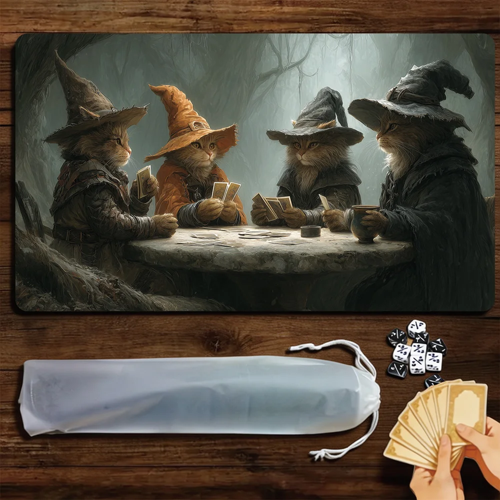 Wizard Cat Gathering TCG Playmat Magic Playmat Gathering Gaming Mat with Stitched Edge Anti-slip base 60X35cm Trading Card Game