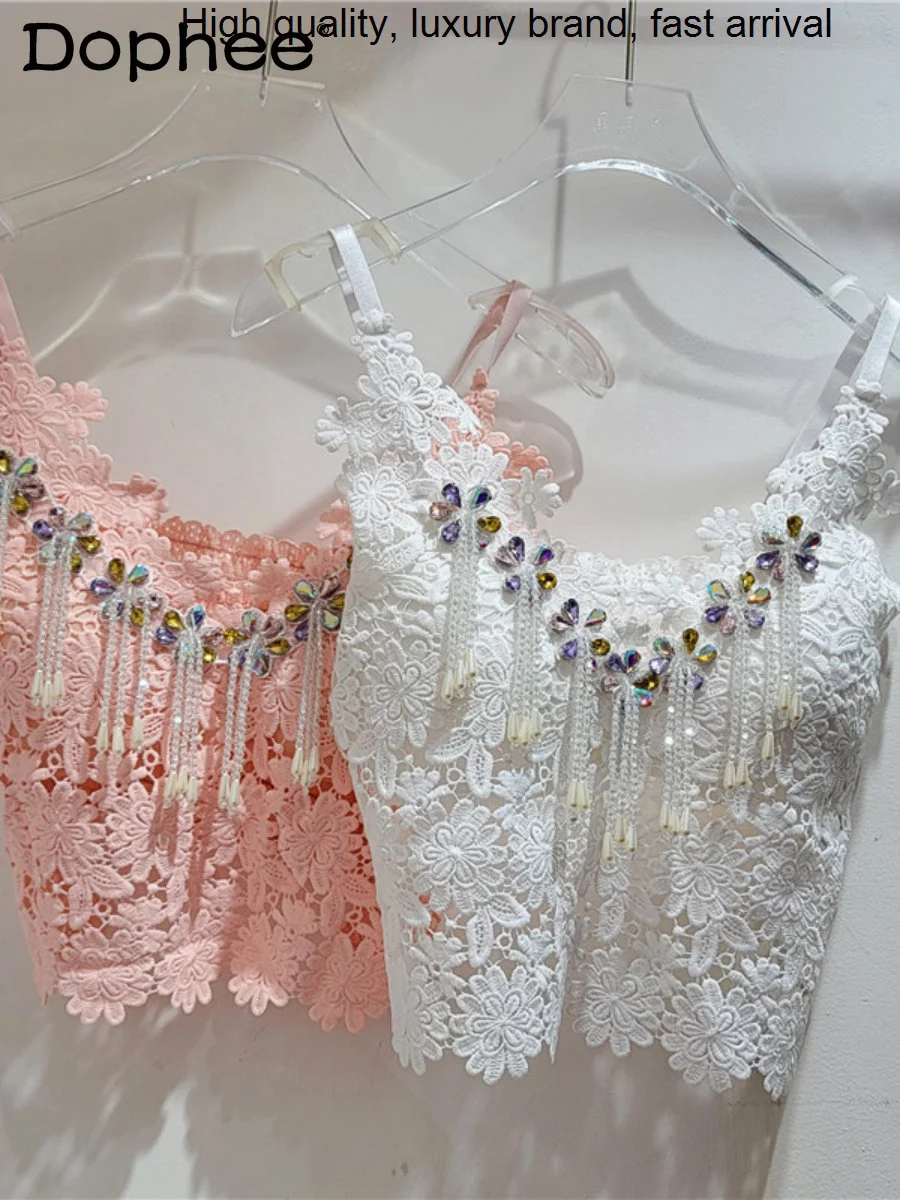 Sweet Kawaii Lolita Lace Pink Camisole Women Spring Summer New Heavy Industry Beads Flowers Slim Fit Inner Wear Outer Vest Tops