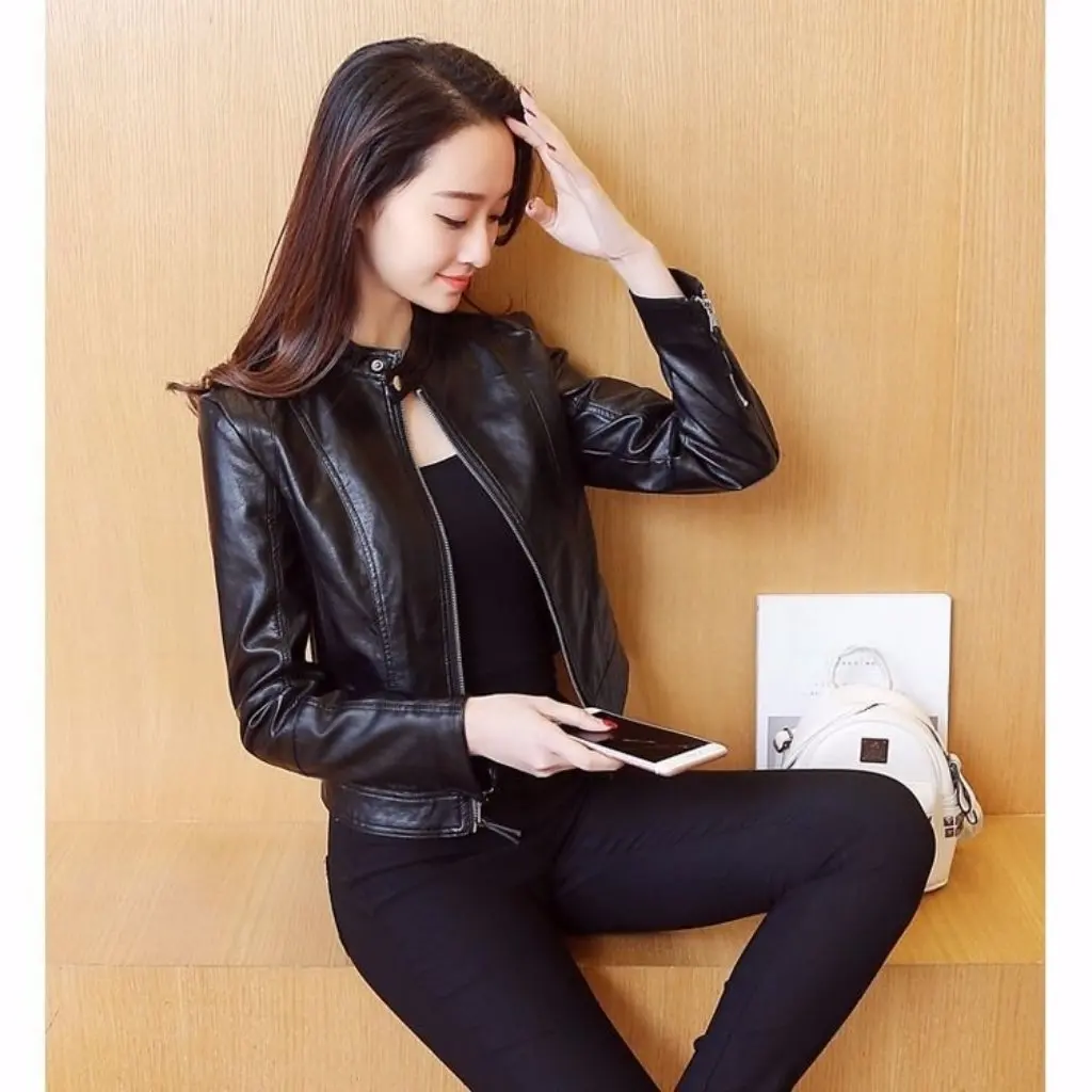 Frauen Koreanischen Stil Große Größe PU Leder Jacke Slim-fit Kurze Motorrad Mantel Frühling Herbst Neue Ankunft