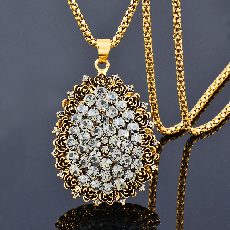 SINLEERY Shiny Waterdrop Pendant Necklace Antique Gold Color Long Chain Gray Zircon Crystal Neckalce For Women Jewelry