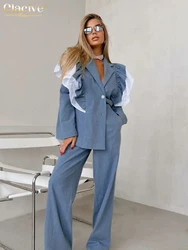 Clacive-Conjunto de 2 piezas de tela vaquera para mujer, elegante camisa de manga larga con pantalones anchos de cintura alta, color azul, 2024