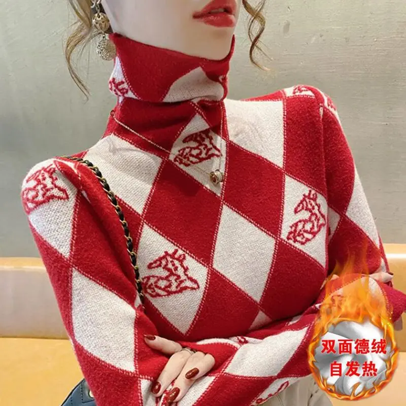 Women\'s Christmas New Year Red Plaid Turtleneck Long Sleeve Slim Basic T-shirts Winter Casual Thick Pullover Top Female Clothing