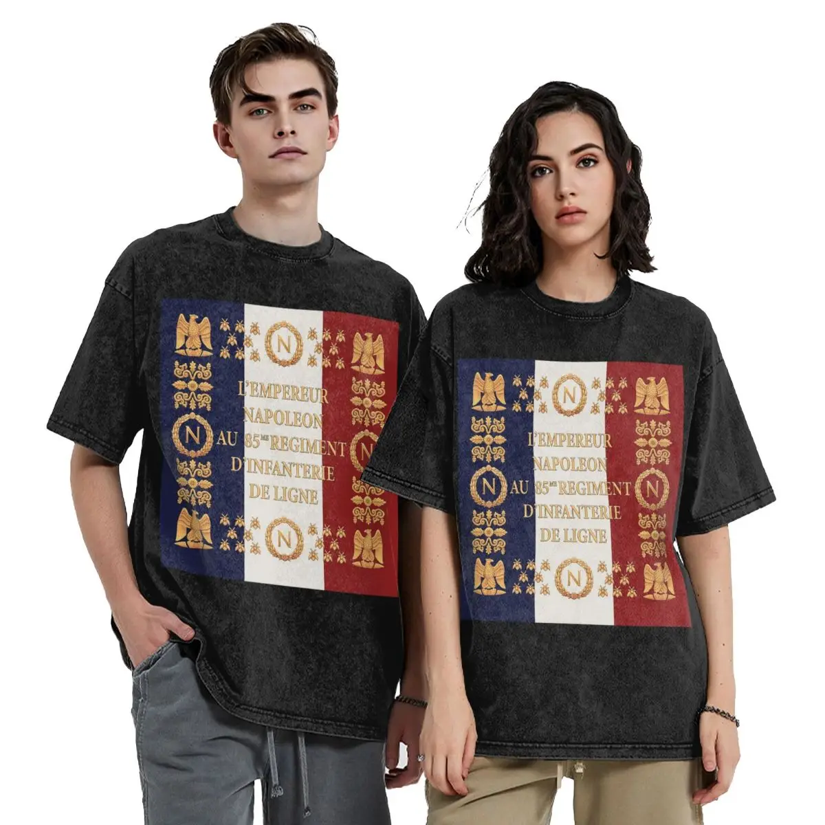 Napoleonic French 85th Regimental Flag Hip Hop Short Sleeve T-Shirts Washed Tops Tees Streetwear T Shirt Vintage for Men Women