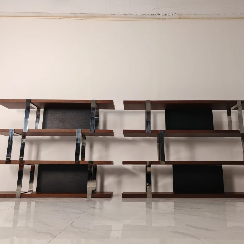 

Stainless steel bookcase high-end high-minimalist designer solid wood multi-layer floor rack high-end desk storage rack