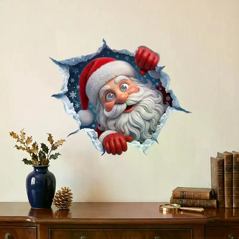 Christmas 3D Break Wall Santa Claus Wall Sticker Self Adhesive Removable 2027 Xmas Decor Bedroom Home Window Party Decor