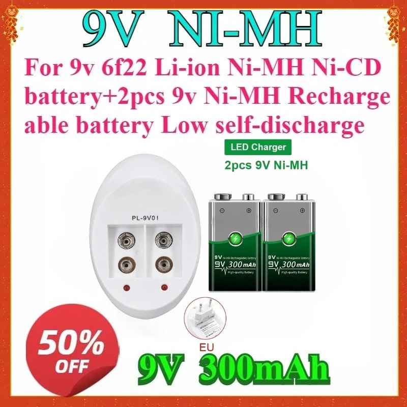

For 9v 6f22 Li-ion Ni-MH Ni-CD Battery+2pcs 9v Ni-MH Rechargeable Battery Low Self-discharge Quick Charge 9V Battery Charger
