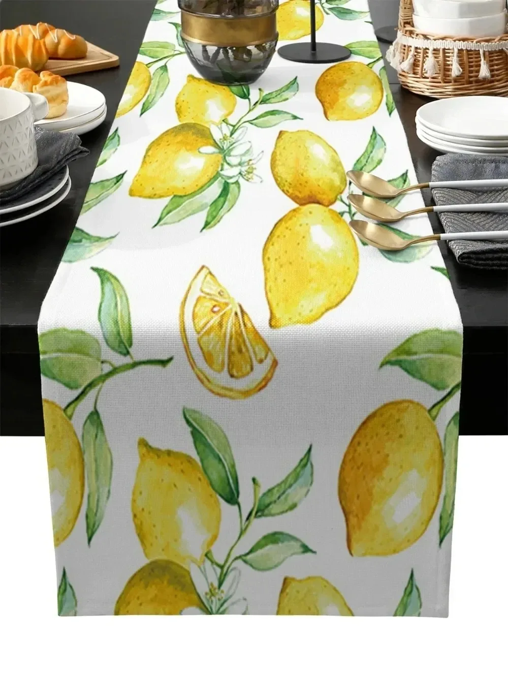 Watercolor Lemon Blossom Table Runner Whole Sliced Lemon Green Leaf Print Fresh Summer Style Dining Kitchen Home Decor