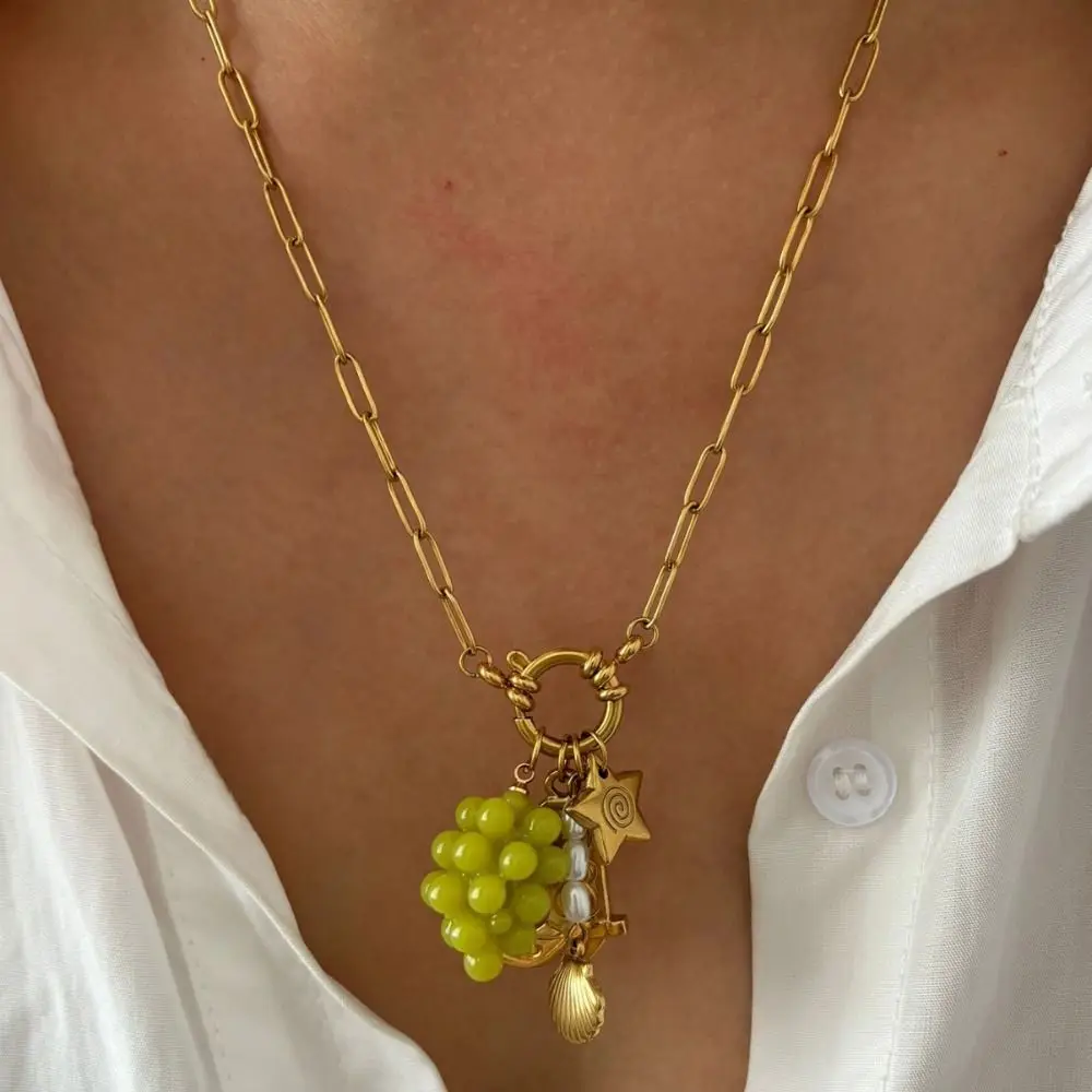 

Fashion European Style Grape Blueberry Necklace Stainless Steel Trendy Shell Pendant Choker Gold Retro Clavicle Chain Lady