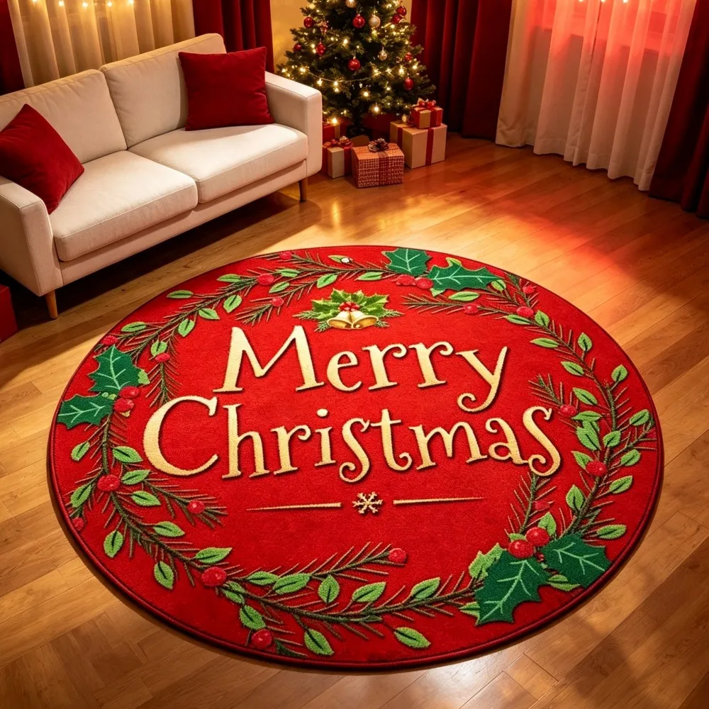 Red Black Plaid Round Area Rug Merry Christmas Circular Floor Mat White Leaf Garland Winter Carpet for Studio Lounge