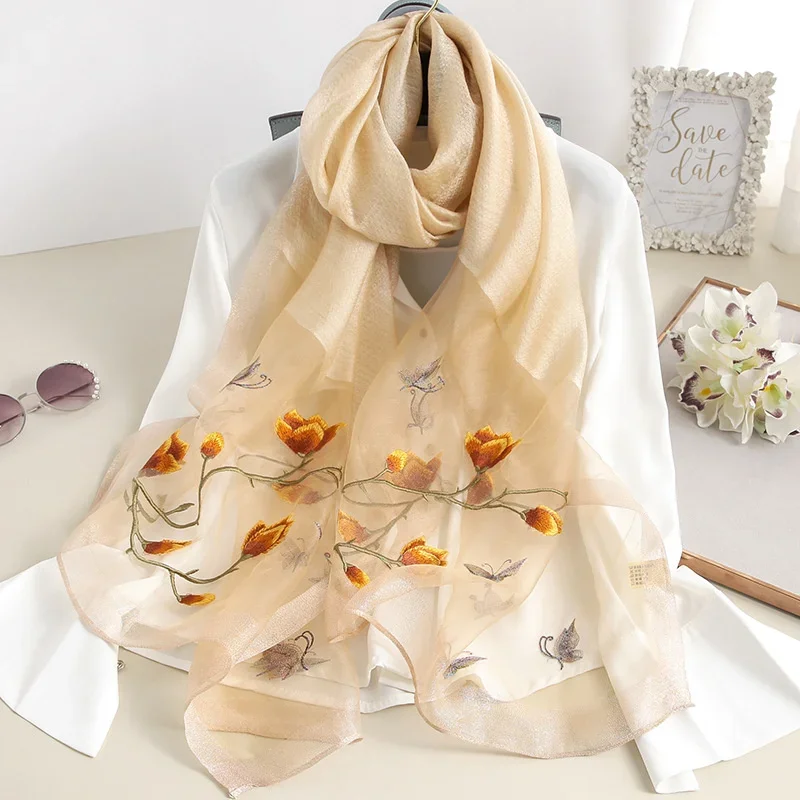 2024 NEW Fashion Women Cut Flowers Hollow Lace Gradient Flower Silk Scarf Spring Shawls and Wraps Towel Femme Beach Sjaals