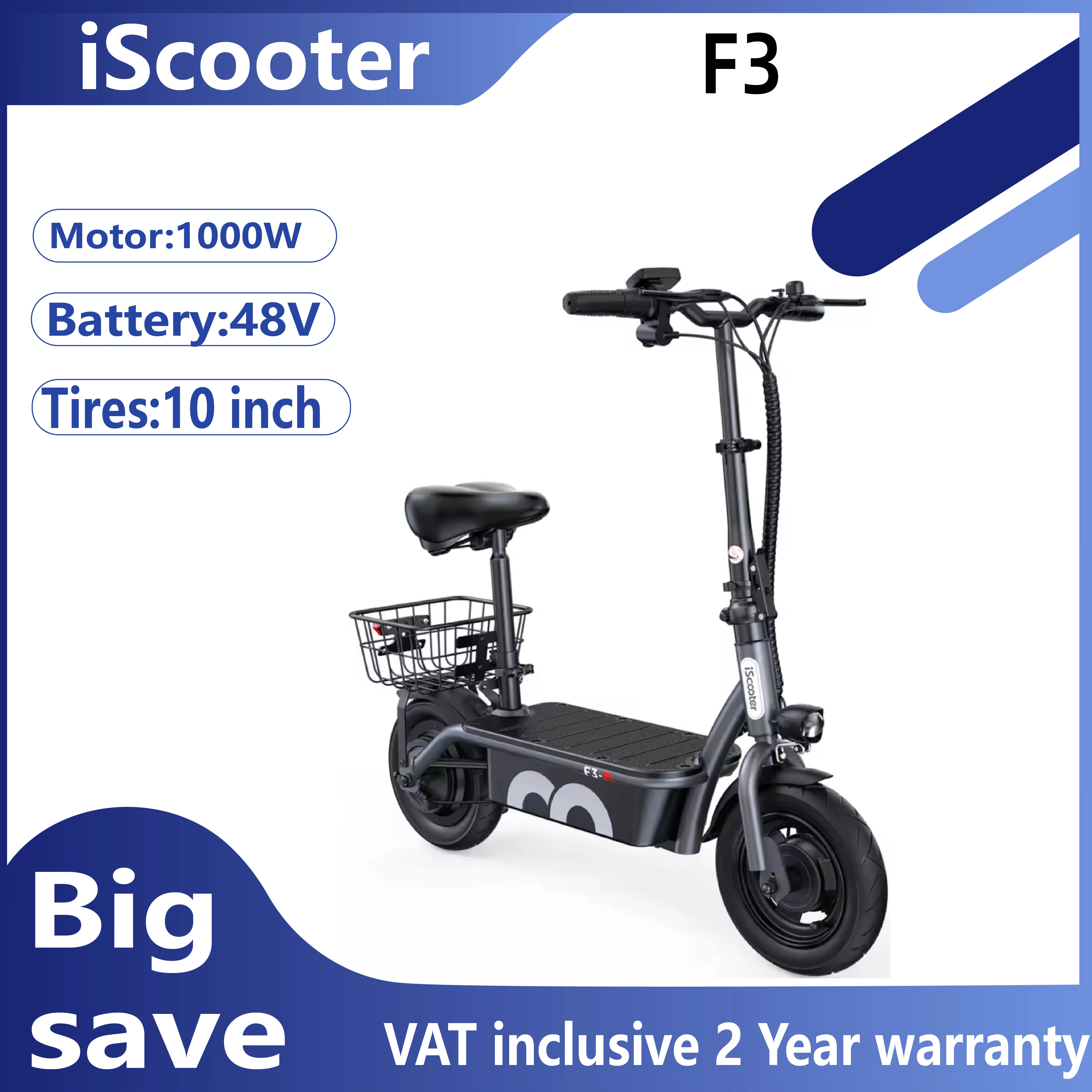 ISCOOTER F3 City Scooter électrique 1000W moteur Escooter 48V13AH batterie pliable adulte E-Scooter 10 pouces Tubeless pneu Escooter