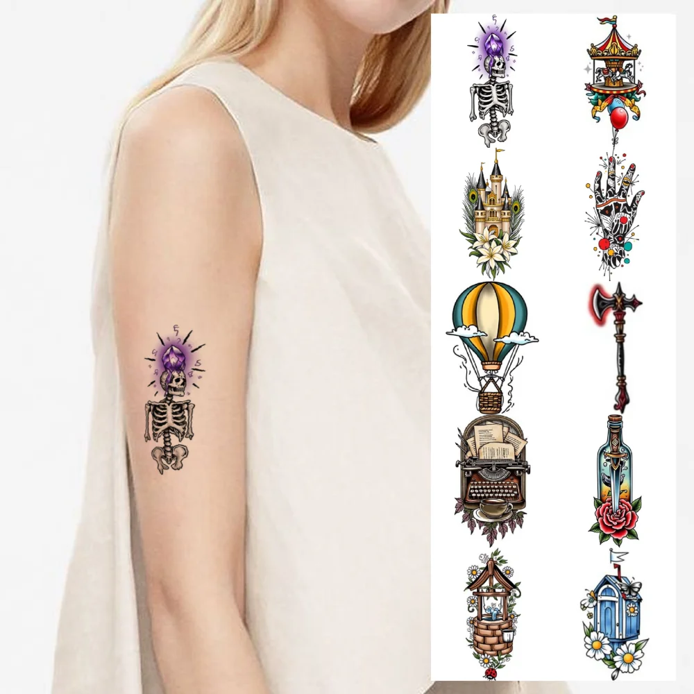 28pcs Temporary Tattoo Castle New School Traditional Wooden House Sword Waterproof Long-lasting Body Stickers Skeleton For