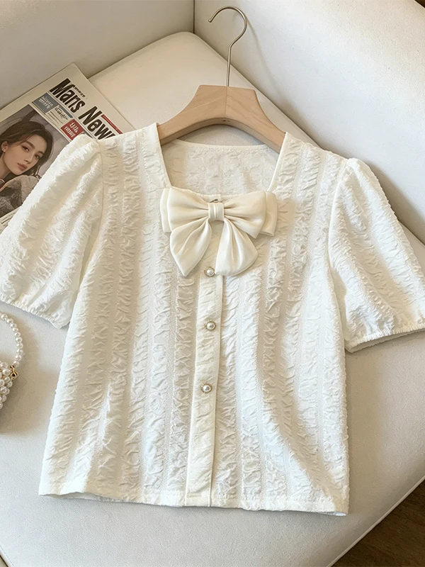 

Новая летняя женская модная блузка больших размеров с квадратным вырезом, декоративным узлом и коротким рукавом, топ-рубашка для полных женщин