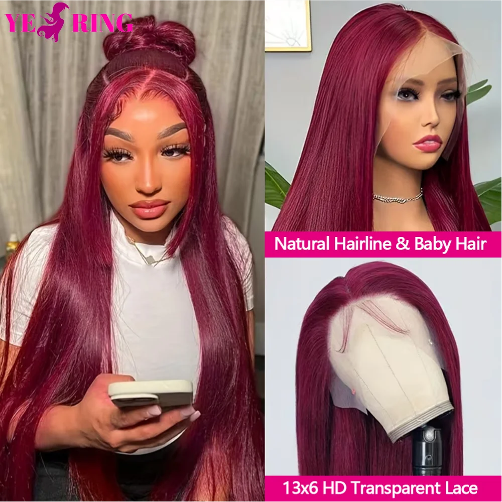 99J Burgundy 13x6 HD Lace Frontal Human Hair Wigs 30 Inch Brazilian Wigs Human Hair 200 Density Straight Red For Women 3 Days Delivery