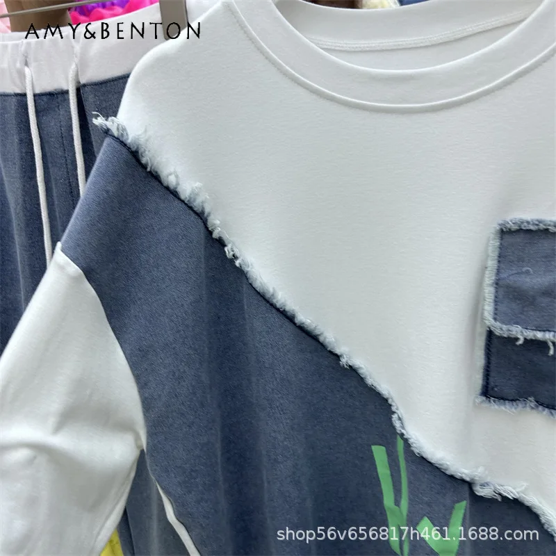 

European Style Cool Denim Patchwork Oversized Short Sleeves T-shirt Top Long Lace-up Wide Leg Pants Two-piece Set For Ladies