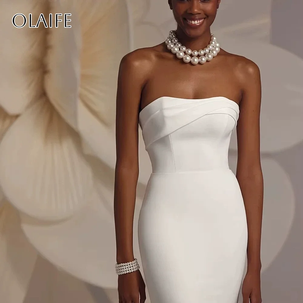 신부를 위한 머메이드 스트랩리스 새틴 웨딩드레스 민소매 플리츠 스윕 트레인 맞춤 제작 웨딩드레스