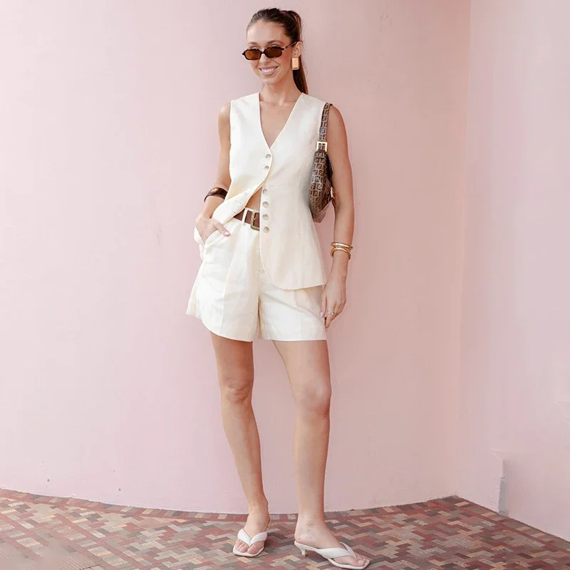 Cotton Linen Vest Shorts Suit 2025 Summer New Commuting Sleeveless Vest Loose Shorts Suit Solid Casual Suit For Women