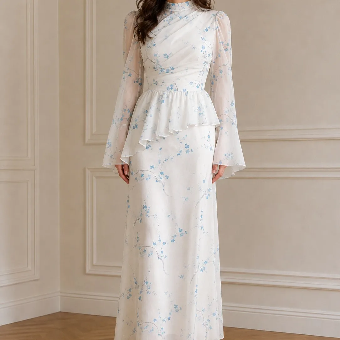 Long Sleeve Slim Fit Dress Low Waist Elegant with Straight Sweet and Fresh Autumn Wrinkle Finish Round Neck Dresses for Women