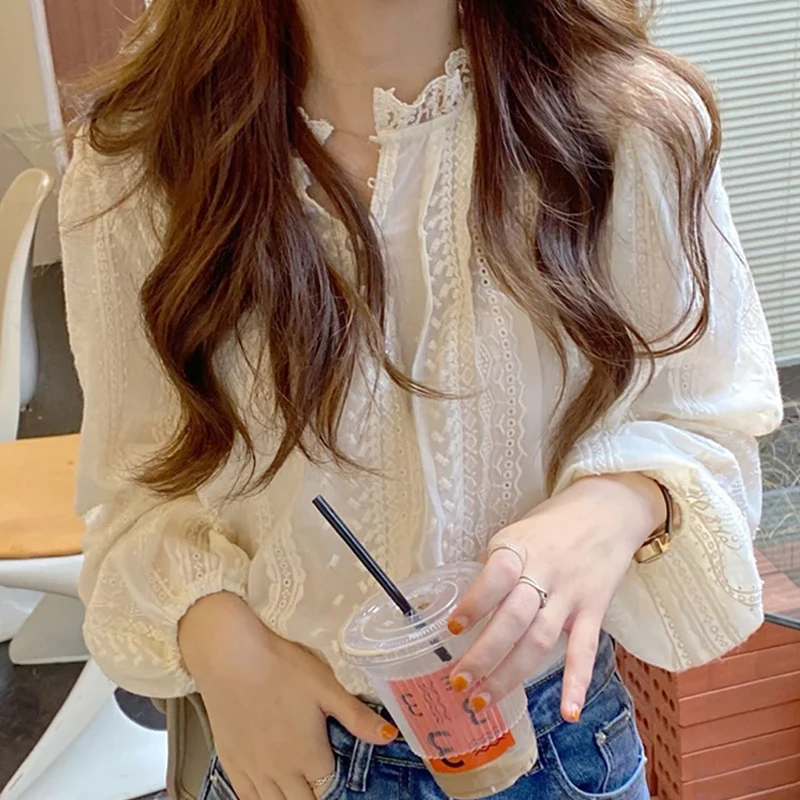 Korean Style Fashionable Long Sleeved Blouse with Embroidery Elegant Apricot Blouses Sweet Lace Shirt Puff Sleeve Womens Tops