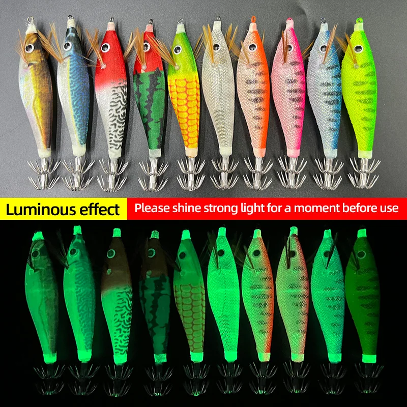 ShareShark 5/10pcs Luminous Wood Shrimp Squid Hook 10cm/10g Horizontal Shrimp Fishing Lures Artificial Round Belly Bait