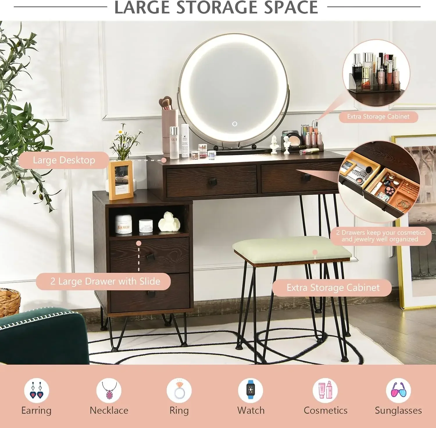 [¡Nueva llegada, ¡Compre ahora! ]Juego de tocador, tocador de maquillaje de madera con espejo iluminado de 3 colores y taburete, gabinete lateral izquierdo o derecho