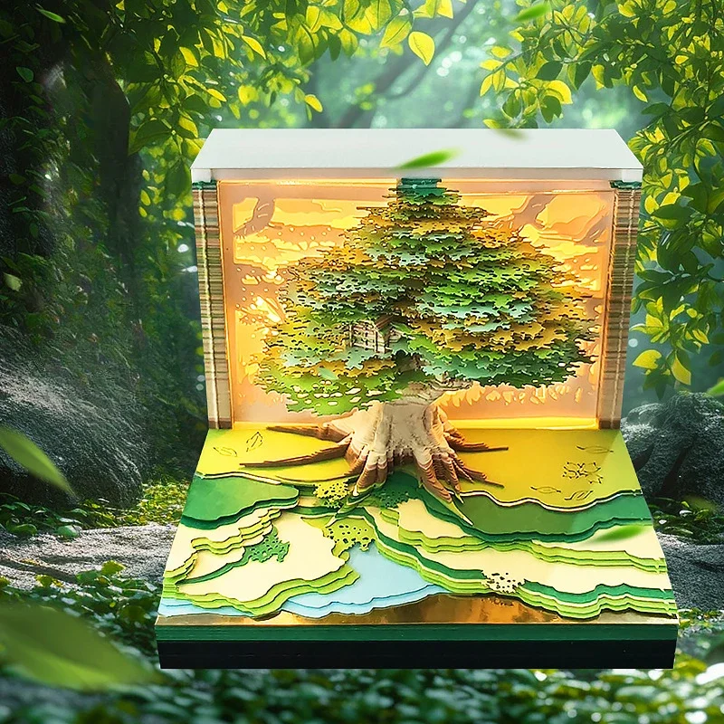Fate Tree Home Calendar 3D Memo Pad Sticky Note Book Paper Engraved Weekly Calendar with Light  Creative Gift Desktop Ornament