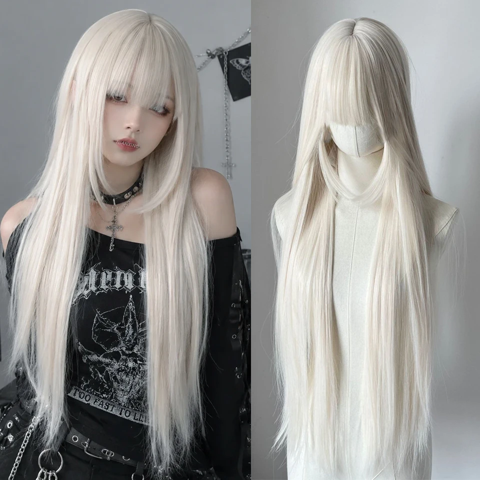 34inch Long Straight White Wig with Bangs Synthetic Cosplay Lolita Daily Party Natural Wig  For Women Daily Use Heat Resistant
