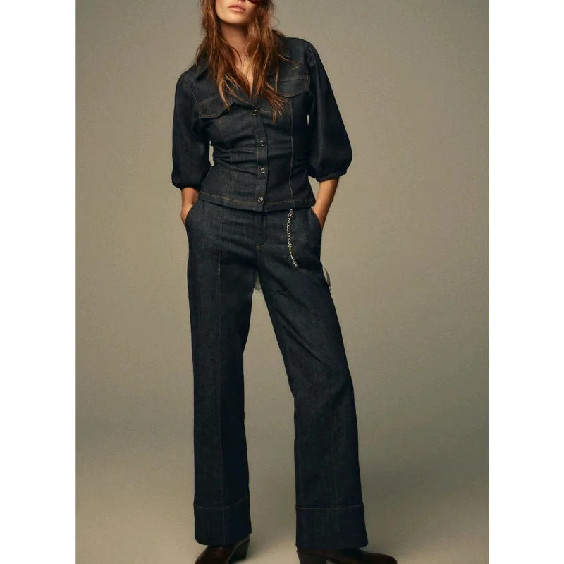 กางเกงยีนส์ทรงตรงเอวสูง ขากระบอก ทรงสลิมฟิต ผ้าเดนิม แต่งปกเสื้อ สไตล์ลำลอง แฟชั่นฤดูใบไม้ร่วง สำหรับผู้หญิง