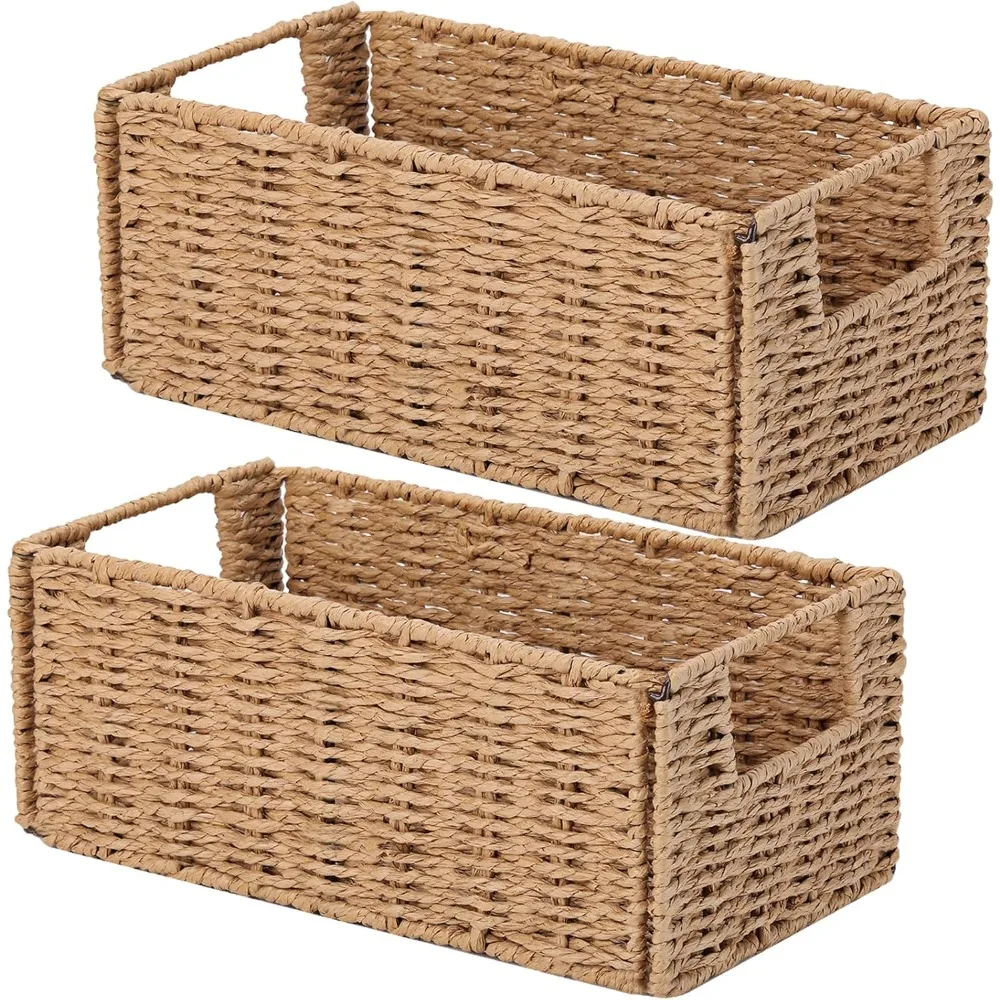 

Wicker Storage Basket, Set of 2 Hand-Woven Paper Rope Wicker Basket, Small Storage Baskets for Organizing Toilet Paper Basket