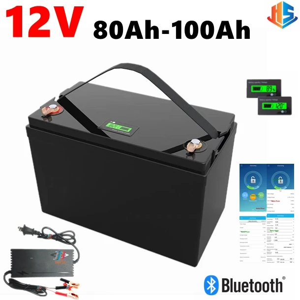 

lifepo4 12.8v 12V 100AH 80Ah lithium battery bluetooth BMS APP forcaravan fish boat Inverter Portable power RV +10A charger