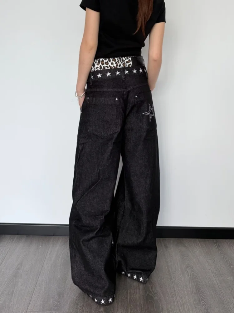 2026 Ropa Y2K Fashion Leopard Patchwork Baggy Women's Jeans Pants For Woman Clothes Star Embroidery Straight Loose Long Trousers