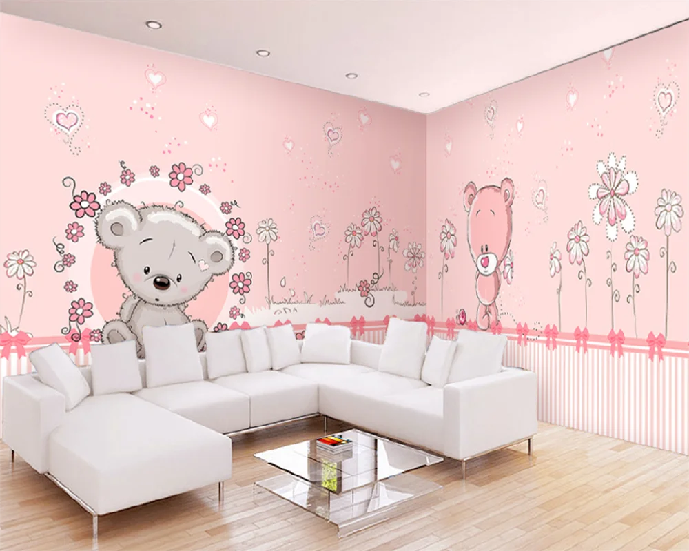 

wellyu Mural wallpaper hand-painted whole house custom pink bear princess room mural background wall children's room wallpaper