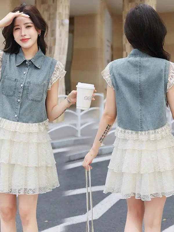 Gilet di jeans con giunture in pizzo da donna ort Sle Summer New Small Fraance Wind Capispalla Sottile irt Jaet Materiale in misto cotone