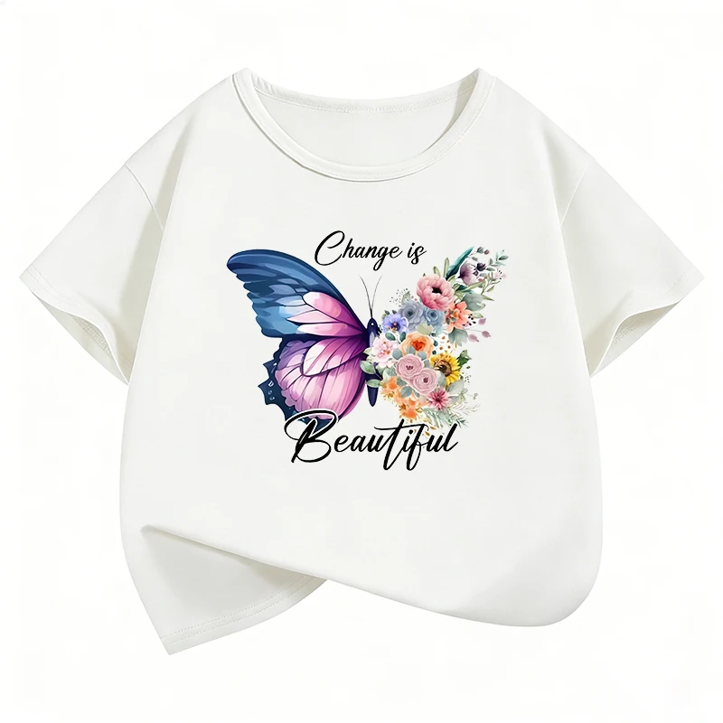 Change Is Beautiful Butterful T-Shirt, modisches T-Shirt für Mädchen, Sommerkleidung, kurzärmelige Oberteile, T-Shirts, süße Kinderkleidung