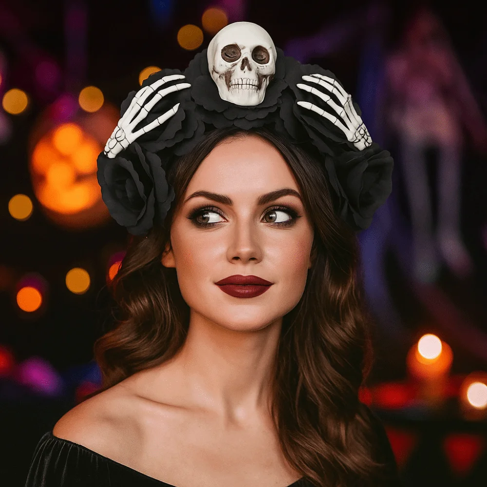 Преувеличенная повязка на голову с черепом, декор на Хэллоуин, имитация цветка, обруч для волос на Хэллоуин, забавная красочная повязка для волос с готическим цветком