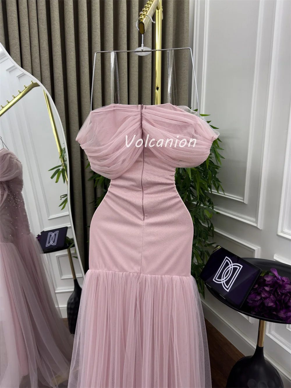 Customized Modern Style Intricate Tulle Pearl Rhinestone Ruched Straight Off-the-shoulder Long Dresses Bespoke Occasion Dresses